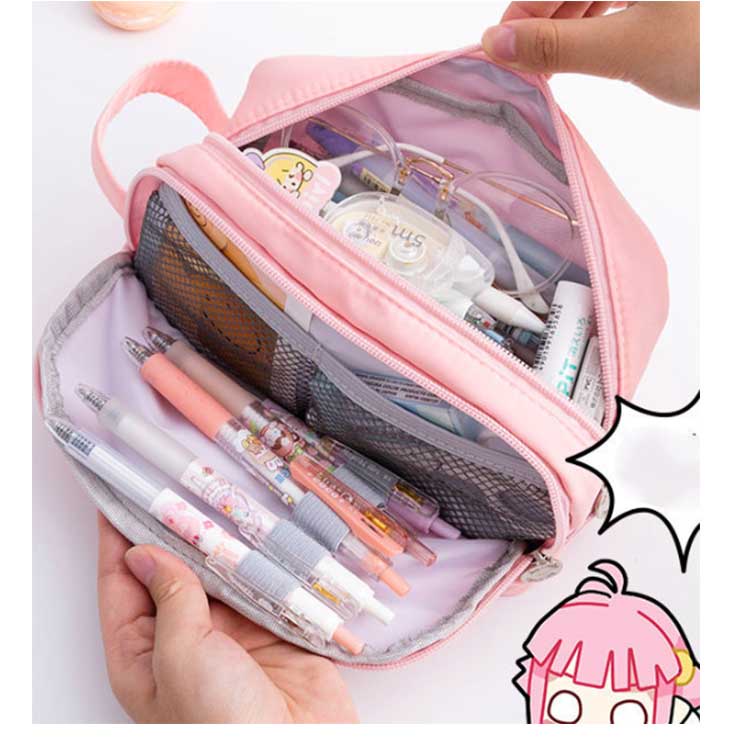 Túi Đựng Bút 3 Lớp Dễ Thương Phong Cách Hàn Quốc Cho Nữ Sinh Nhật Bản Kèm 2 Huy Hiệu