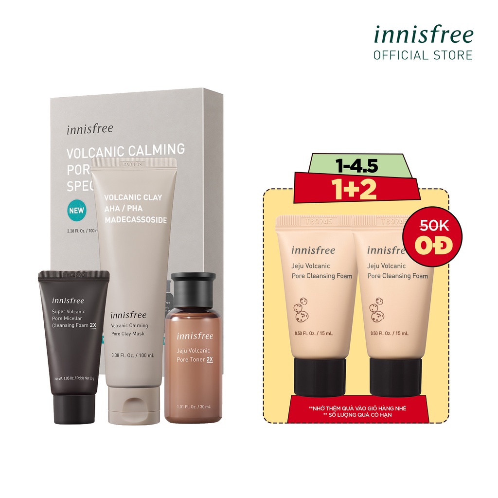 Bộ sản phẩm se khít lỗ chân lông đá tro núi lửa innisfree Volcanic Calming Pore Clay Mask Special Set