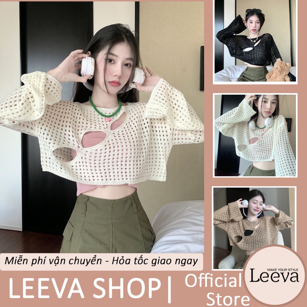 Áo croptop nữ Leeva Shop vải len đan xẻ cách điệu A386