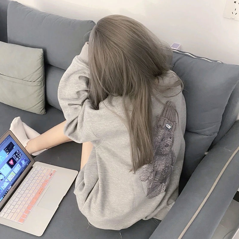 Áo sweater dáng rộng hình gấu phong cách Hàn Quốc thời trang mùa thu 2021 (2 loại màu xám tùy chọn)