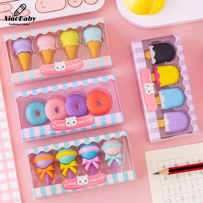 Set 4 Gôm Tẩy Hình Que Kem/Bánh Donut/Kẹo Mút Mini Dễ Thương Cho Bé