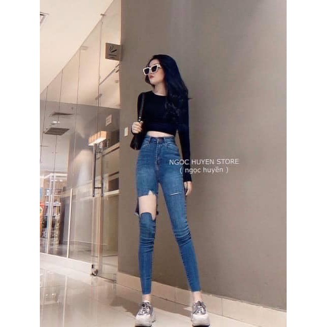 Quần jeans nữ ôm rách đùi 💖FREESHIP💖 Quần bò ôm co giãn rách to cá tính AD22