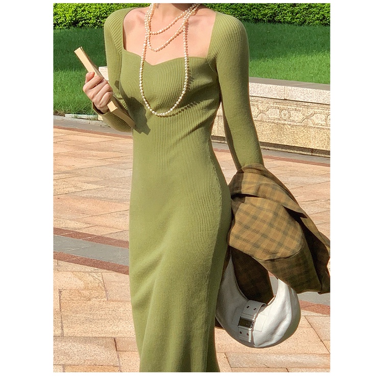 Đầm dệt kim tay dài cổ vuông thiết kế mới thời trang mùa thu theo phong cách vintage dành cho nữ