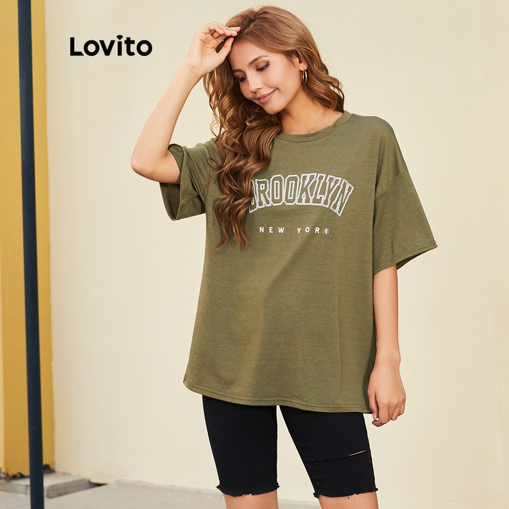 Áo thun Lovito in chữ cỡ lớn phong cách thường ngày L14D055 (Màu xanh quân đội)
