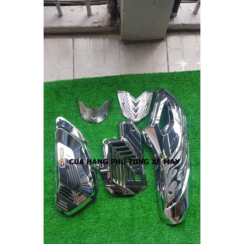 Trọn bộ 5 món Ốp pô + Bầu e + Quạt gió + Mũi dè trước sau xe SH 2020 mạ crom