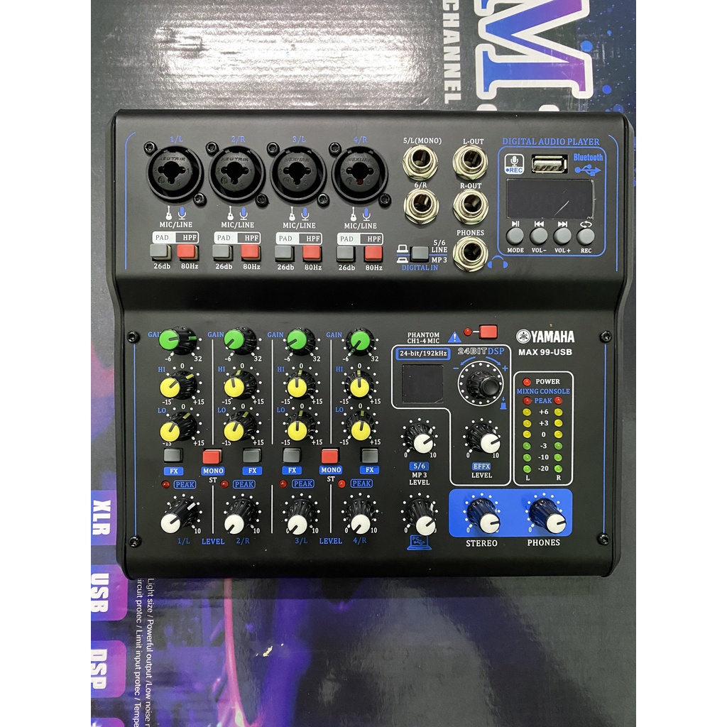 Mixer MAX99 Bluetooth, Bộ Trộn Âm Thanh Chuyên Nghiệp, Âm Thanh 24bit, 4 Cổng Mic Kèm Màn Hình LED. Bảo Hành 12 Tháng
