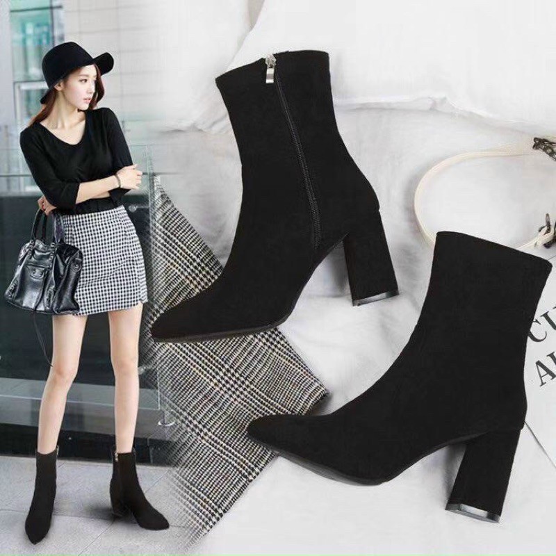 [Sẵn hàng] Giày boots nữ I Bốt lửng gót vuông 7p khoá cạnh đế đỏ hàng đẹp lót lông