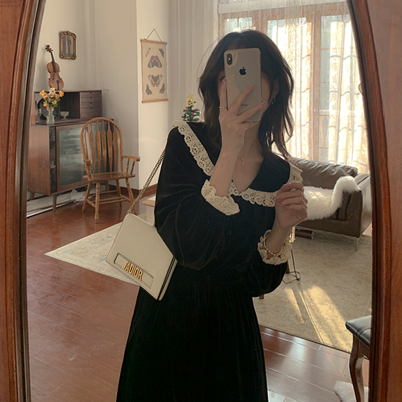 Autumn sweet lace stitching long sleeve foreign dress retro velvet waist show thin show knee length skirt Hepburn style small black skirt | BigBuy360 - bigbuy360.vn