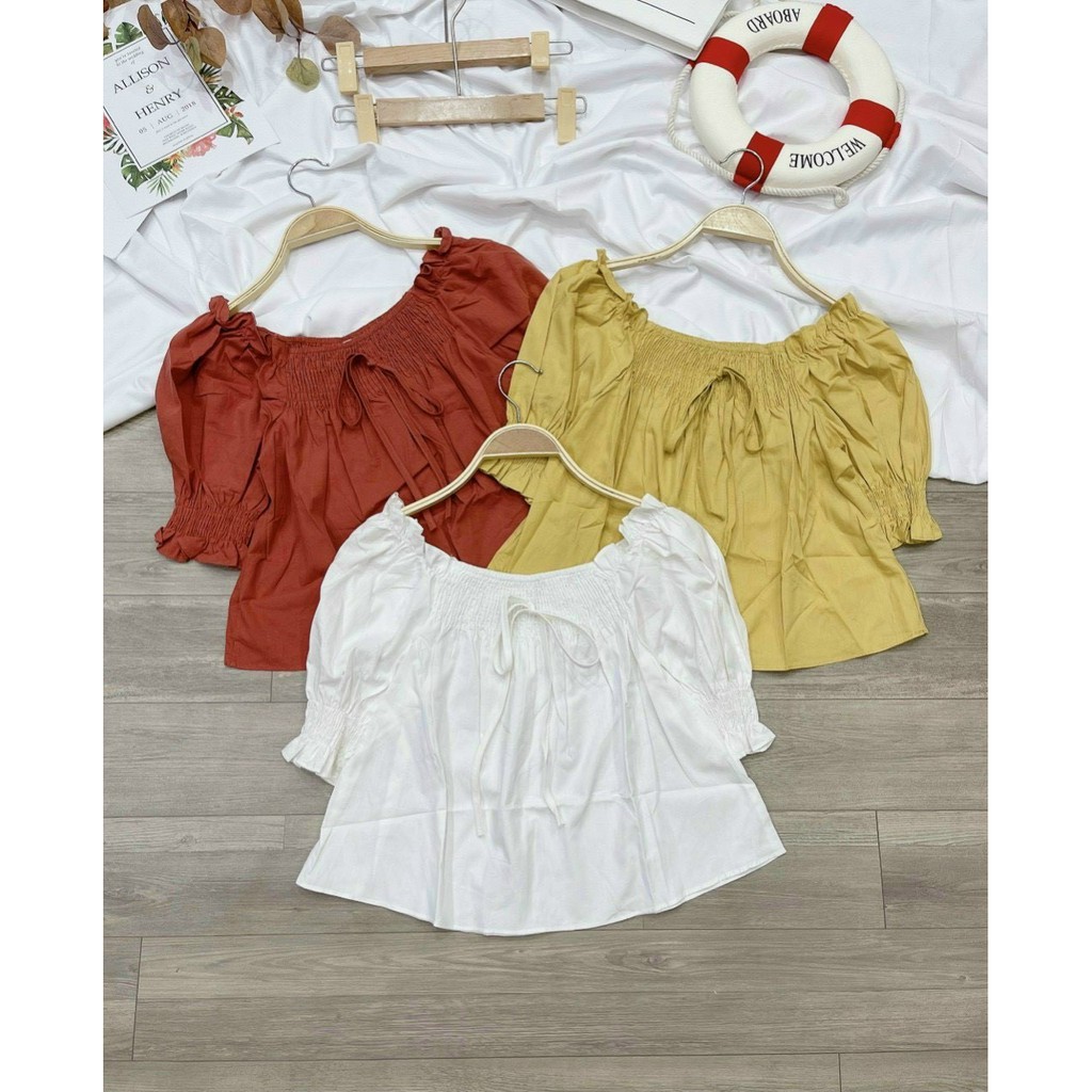 Áo voan nhún cổ vuông tay ngắn phối nơ trước nhún sau stype TTSLA0545