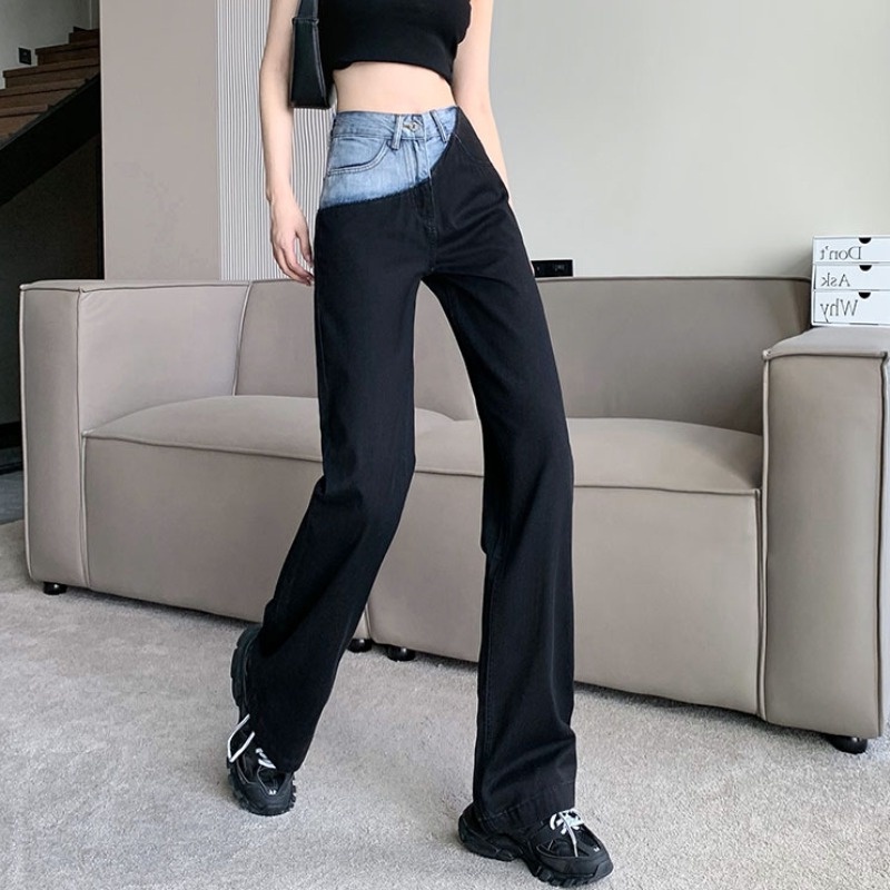 Quần jean lưng cao ống rộng phối màu sắc tương phản phong cách Hàn Quốc cá tính dành cho nữ