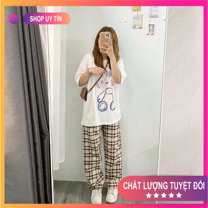 [Mã FADI5K245 giảm 5K đơn 0đ] Set Đồ Nữ 💧Combo Quần Áo💧 ÁO PHÔNG COTTON GẤU BBR MIX QUẦN KẺ CARO DÀI Mã SET04