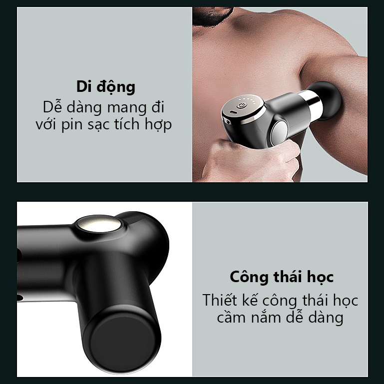 Máy massage cầm tay Rhino MG202 - 6 cấp độ, 4 đầu tiện dụng, pin sạc type C, hỗ trợ mát xa tại nhà, giảm đau