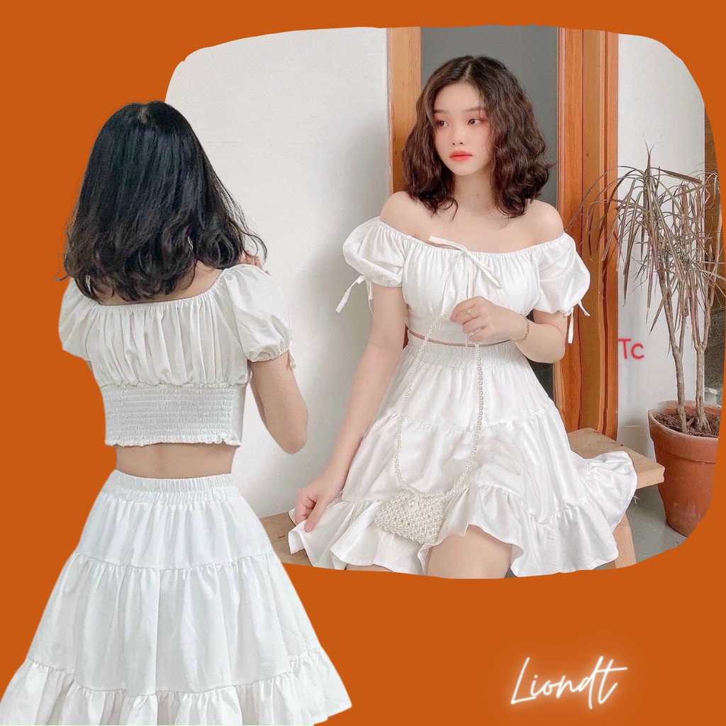 SET ĐỒ NỮ GỒM ÁO CROPTOP BO HỞ VAI KÈM CHÂN VÁY XOÈ TRẮNG