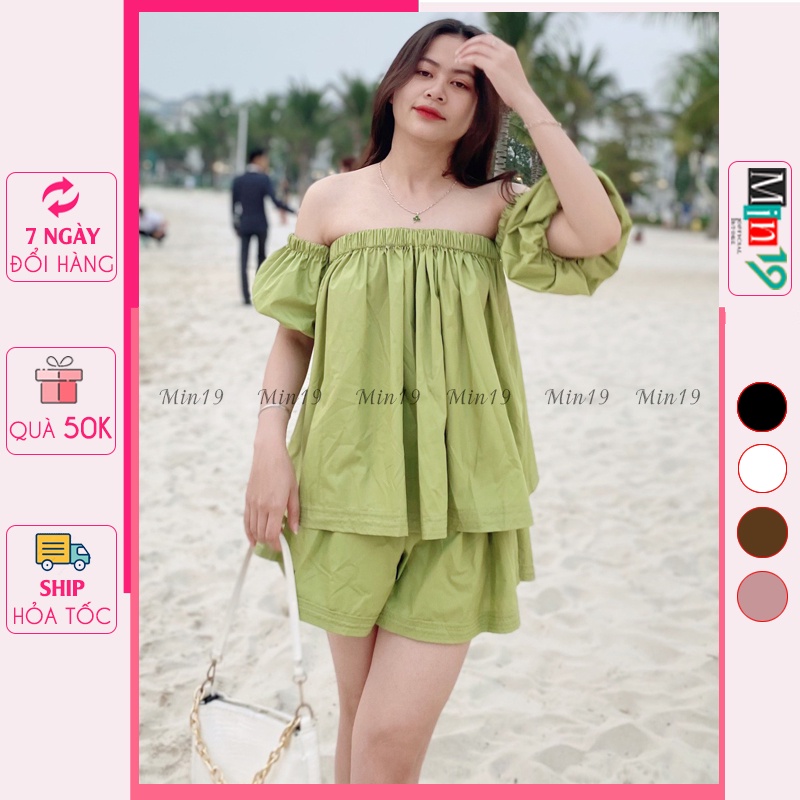 Sét Đồ Nữ MIN19 Bộ Jumpsuit Nữ Tiểu Thư Đi Biển Sang Chảnh Gồm Áo 2 Dây Bigsize Và Quần Short Cá Tính Màu Xanh Nâu Hồng