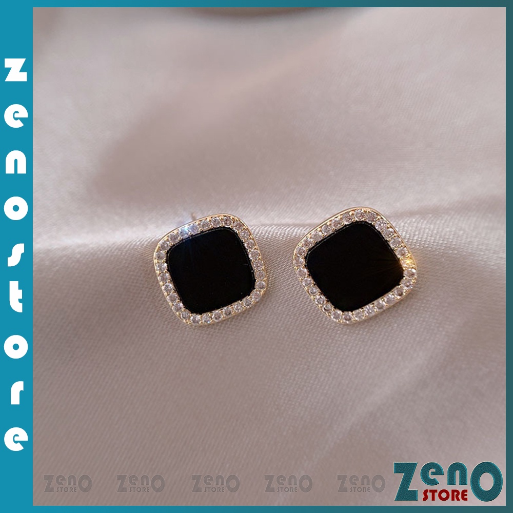 Khuyên tai ZenO đính đá viền bạc Ý KT05, bông tại bạc S925 gắn đá