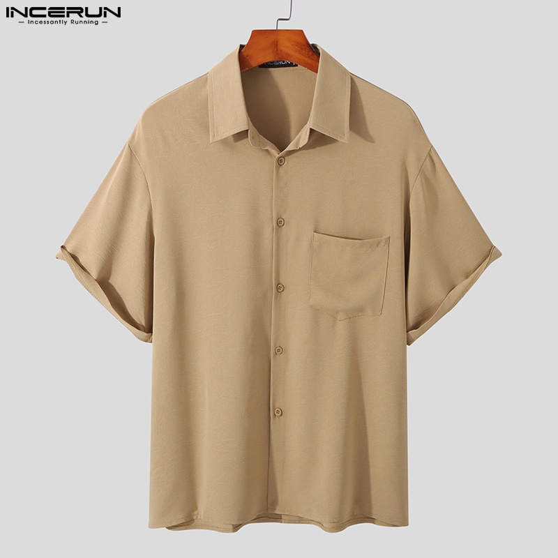 Áo sơ mi INCERUN ngắn tay màu sắc đơn giản dành cho nam