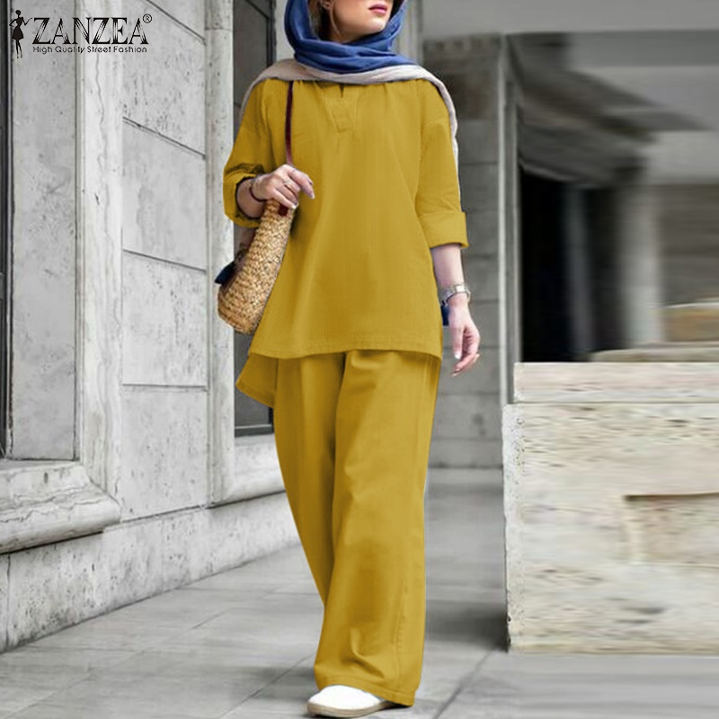 Zanzea Set Áo Dài Tay Cổ Chữ V + Quần Dài Lưng Thun Ống Rộng Thời Trang Nữ