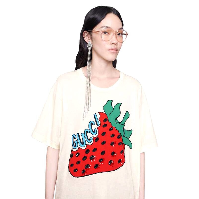 Áo Thun Cotton Tay Ngắn Dáng Rộng In Họa Tiết Gucci Và Dâu Tây Thời Trang Xuân Hè 19 Cho Nữ