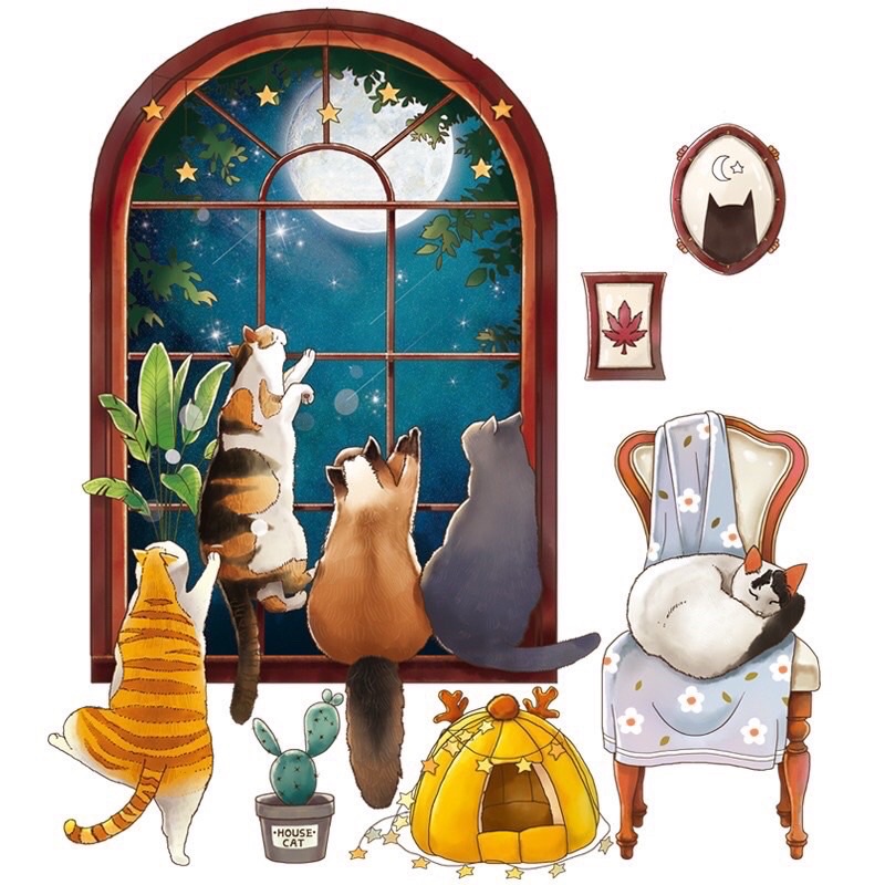 Decal dán tường mèo ngồi cửa sổ, sẵn keo dán