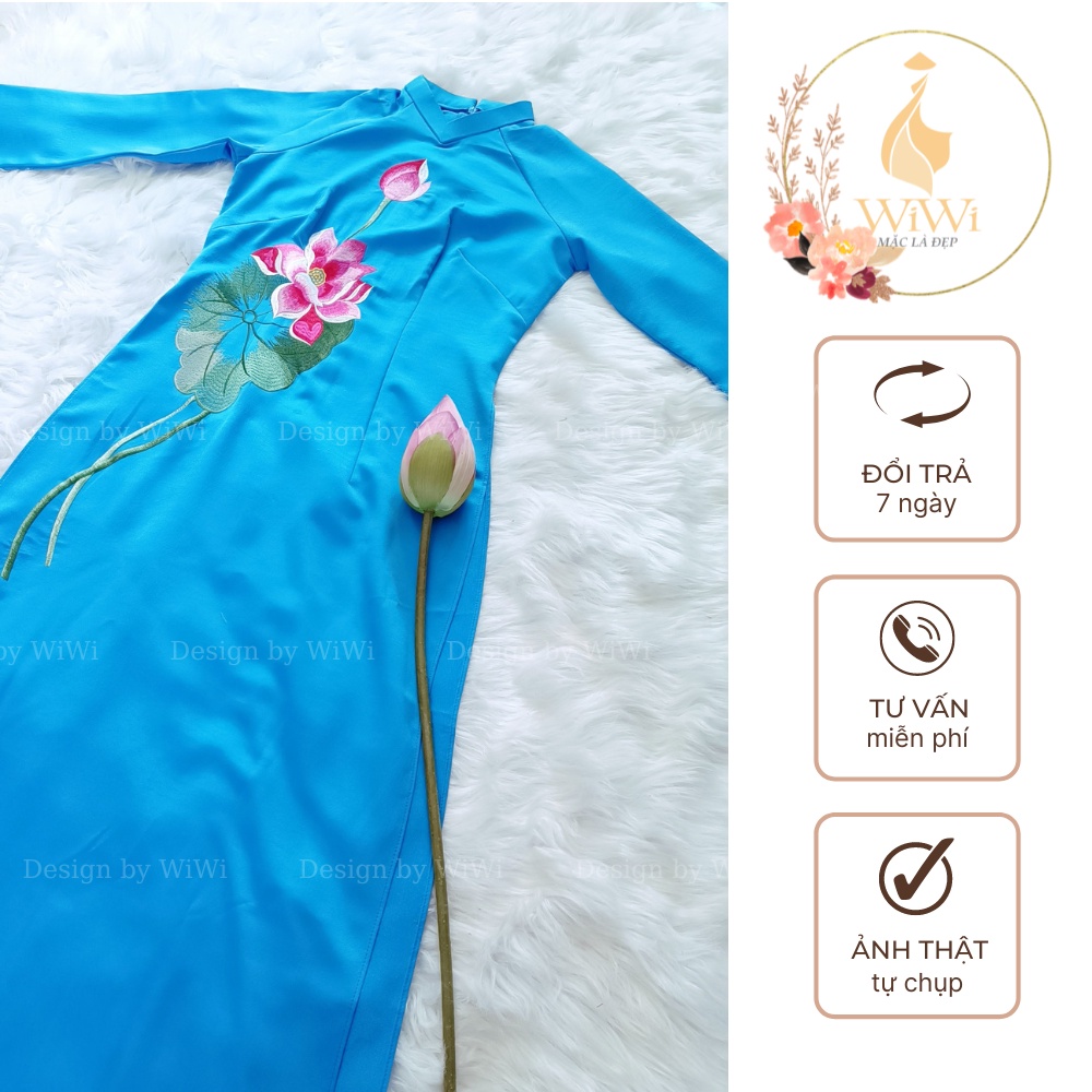 Áo dài truyền thống nữ thêu hoa và nụ sen vải lụa tây thi cao cấp, áo dài nữ may sẵn đủ size mặc dự tiệc lễ tết đẹp