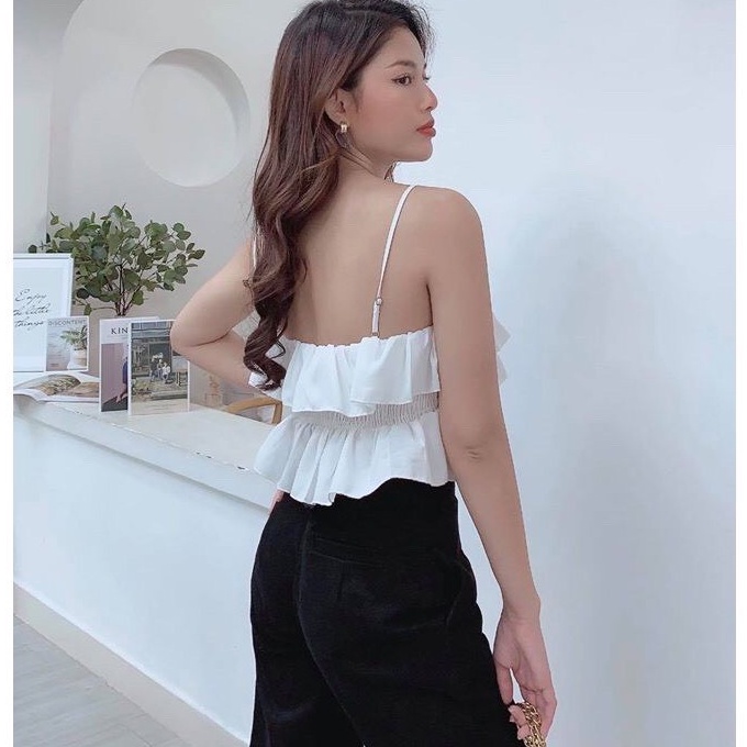 Áo croptop 2 dây hở lưng, Áo 2 dây croptop bèo tầng màu trắng đen
