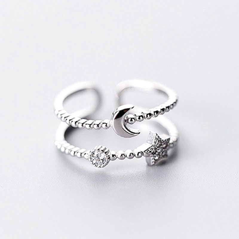Nhẫn mở hai lớp đính đá hình ngôi sao và mặt trăng thời trang kiểu Hàn cho nữ