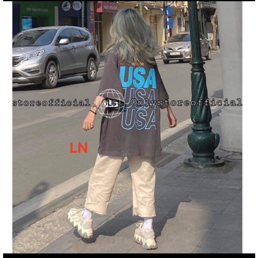 Áo thun unisex nam nữ,áo phông USA form rộng tay lỡ chất cotton màu xám nâu trắng