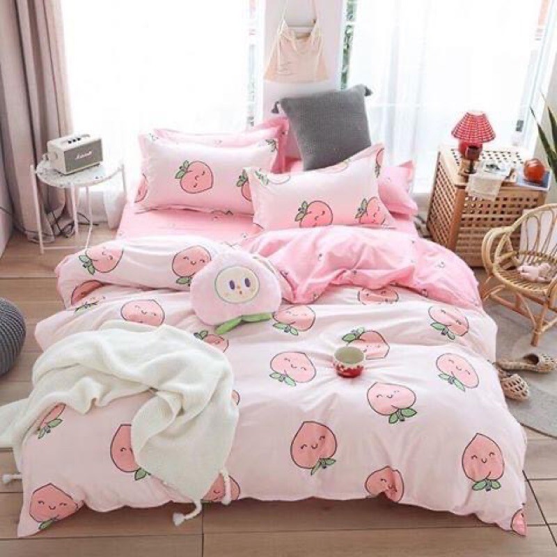 Bộ Chăn Ga Gối Cotton Poly Quả Đào Hồng