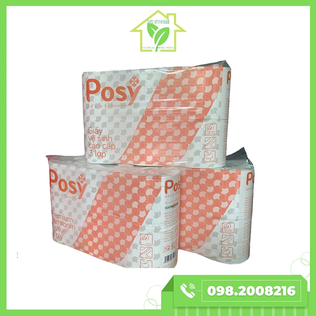 Giấy vệ sinh Posy 3 lớp dày dặn, có lõi cao cấp, túi 6 cuộn
