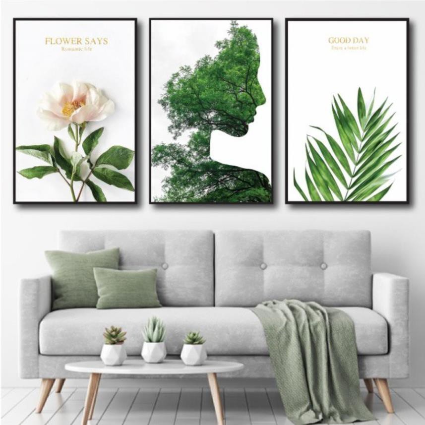 SET 3 Tranh Tráng Gương Treo Tường Lá Xanh Thiên Nhiên Treo Phòng Khách/ Phòng Làm Việc