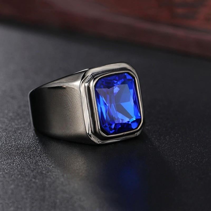 Nhẫn Titan Màu Đen Đính Đá Sapphire Thời Trang Cho Nam