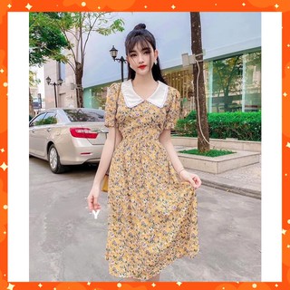 Đầm xòe hoa 💓freeship - hàng cao cấp💓 tay phồng bâu sen phối ren, freesize 40-60kg