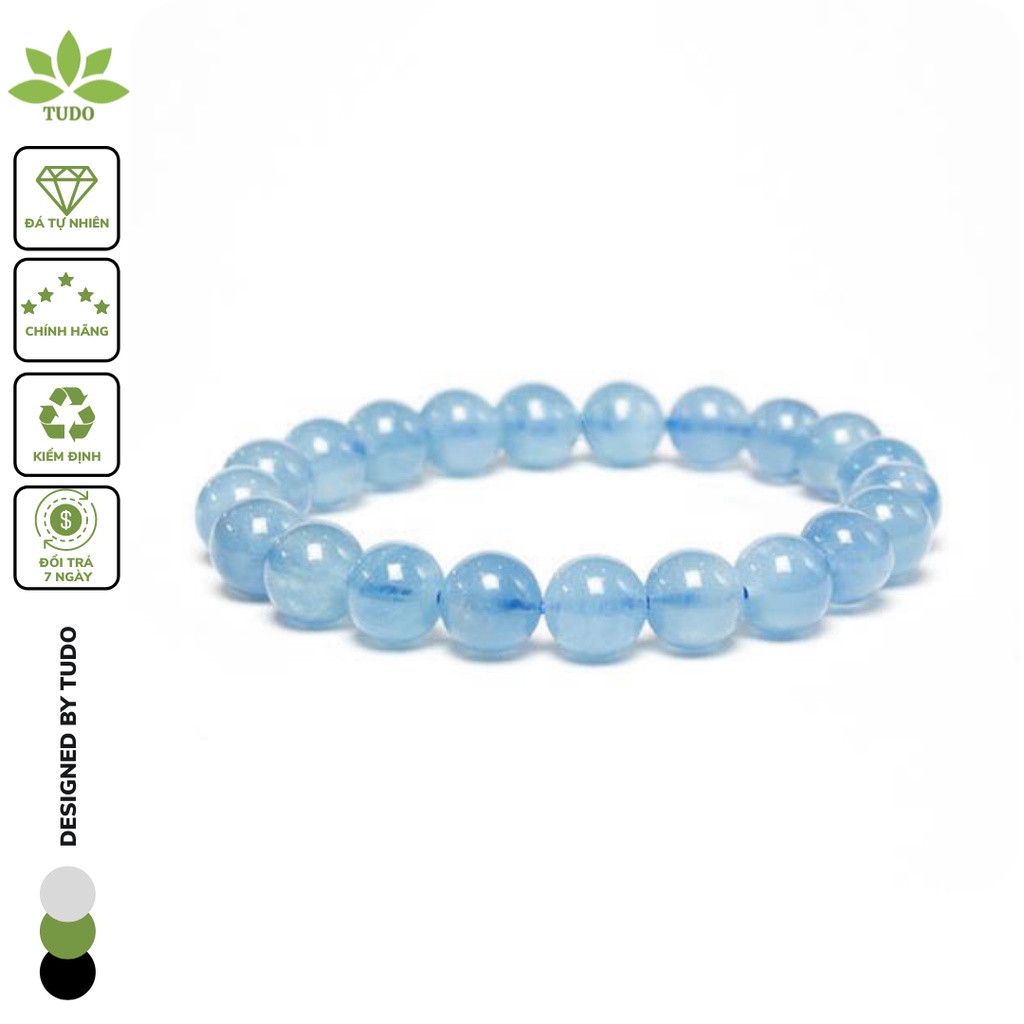 Vòng Tay Nữ phong thủy TUDO Aquamarine loại A++ xanh dương tự nhiên, tròn trơn, có kiểm định, cho nữ mệnh Thủy Mộc