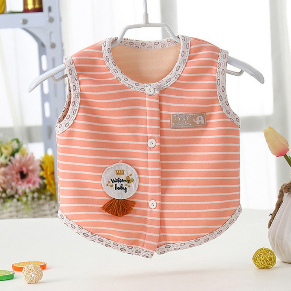 Áo gile lông cừu dày họa tiết kẻ sọc in hoạt hình giữ ấm mùa thu cho bé sơ sinh