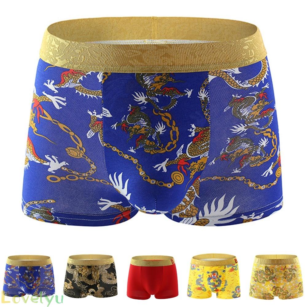 【LOVELYU】Mens Cotton Dragon Print Boxers Brief Shorts Nightwear Sleepwear Comfortable【Good Quality】