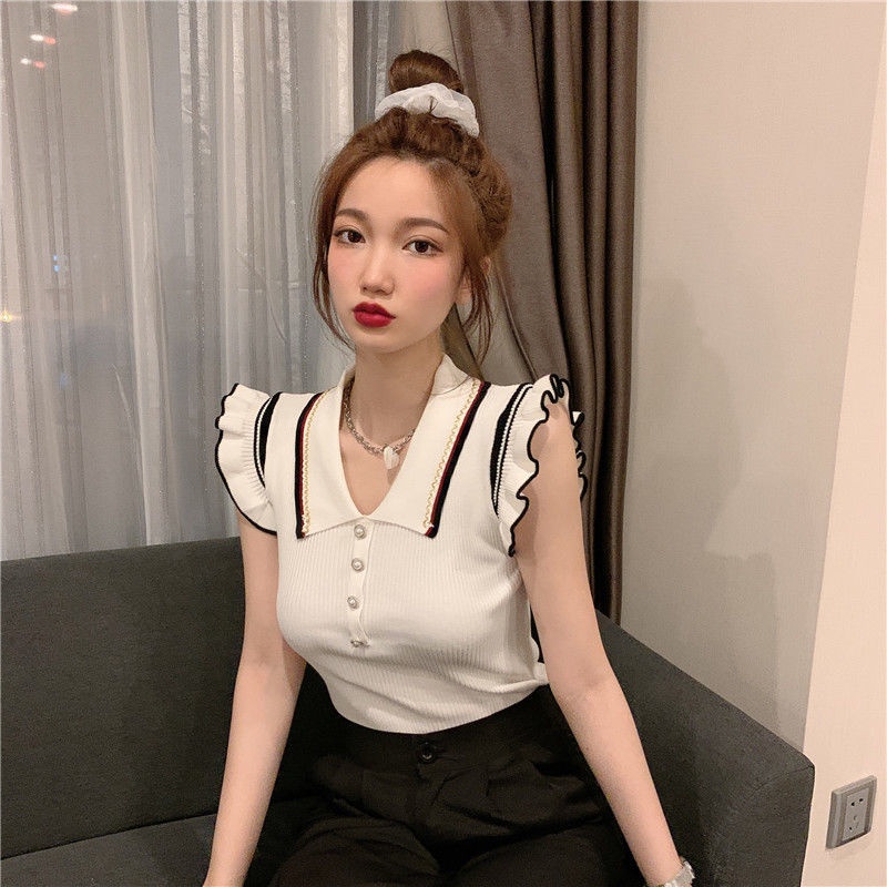 Áo Dệt Kim Sát Nách Cổ Polo Vải Lụa Lạnh Mỏng Thời Trang Mùa Hè 2022 Cho Nữ