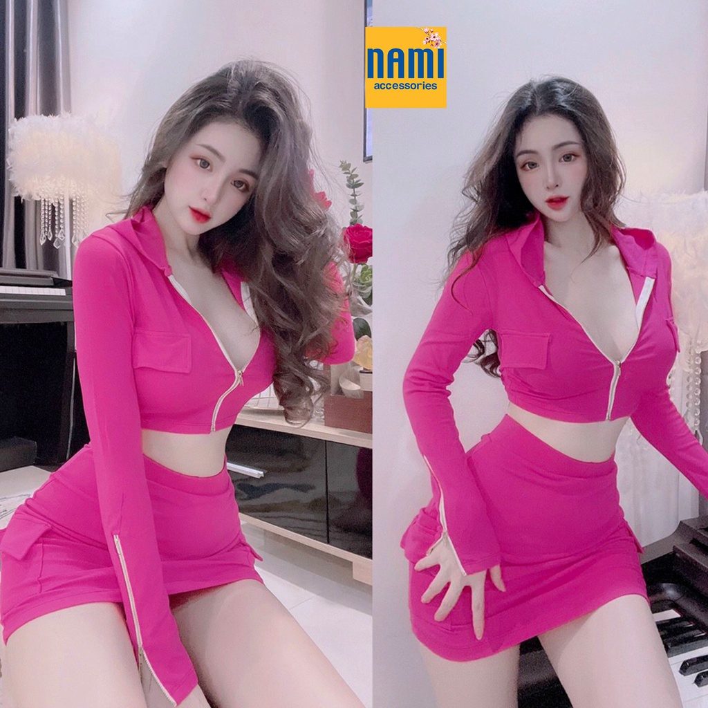 SET THỂ THAO CROPTOP MŨ KHOÁ KÉO KÈM CHÂN VÁY ÔM BODY SEXY QUYẾN RŨ - QANU451