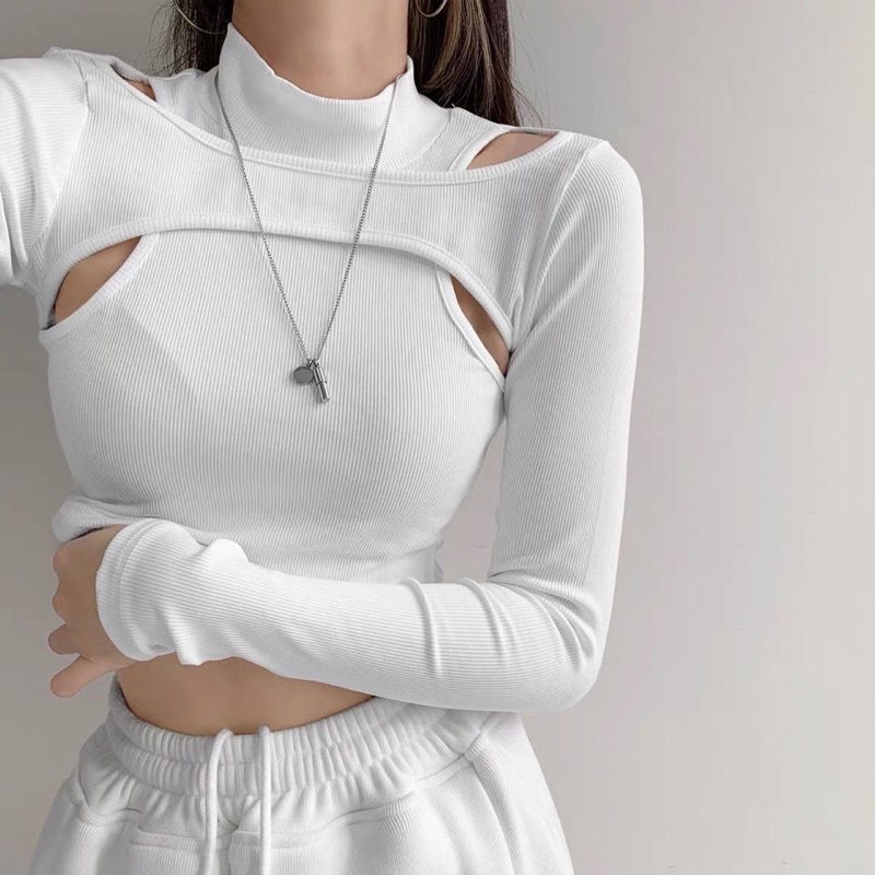 Áo thun tăm tay dài cutout lạ mắt hàng taobao