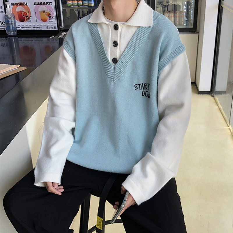 Áo Sweater Giả Hai Lớp Form Rộng Thời Trang Hàn Quốc Sành Điệu Cho Nam