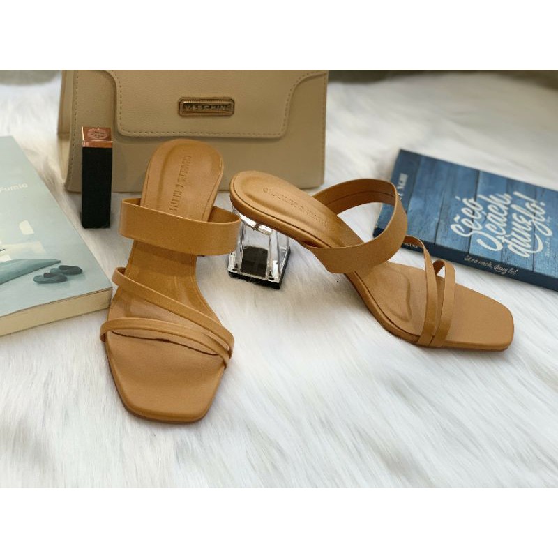 Dép cao gót nữ 7p quai ngang,  dép nữ thời trang gót vuông trong mica bền đẹp, kiểu dáng thanh lịch