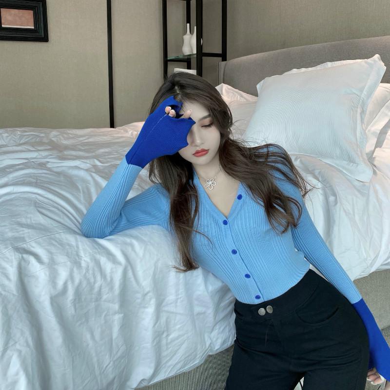 COZOK Áo len tay dài cổ chữ V màu sắc trẻ trung cho nữ