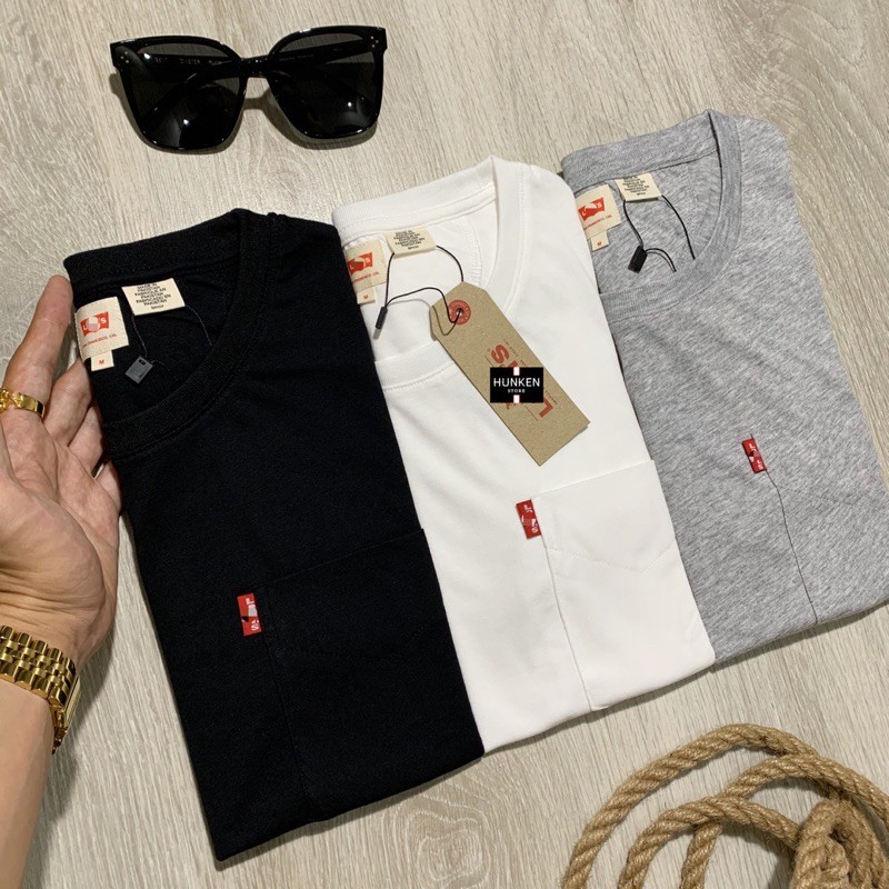 Áo phông trơn LVIS có túi basic thun nam cổ tròn tay ngắn pull đơn giản 3 màu Trắng Đen Xám cotton đẹp | HunKen Store