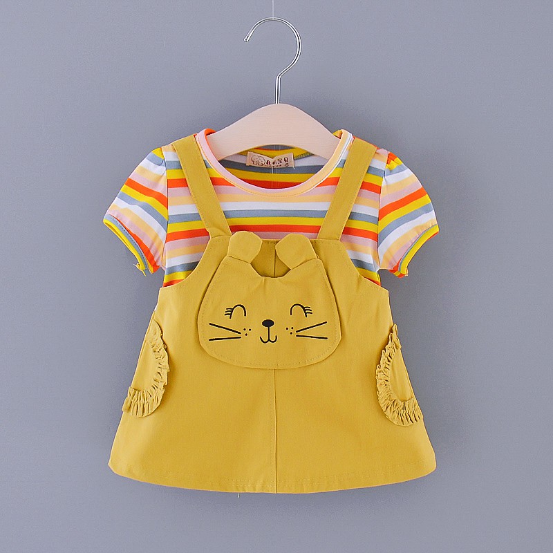 Đầm Ngắn Tay Cổ Tròn Giả Hai Lớp Họa Tiết Kẻ Sọc Nhiều Màu Dễ Thương Thời Trang Mùa Hè 2023 Cho Bé Gái