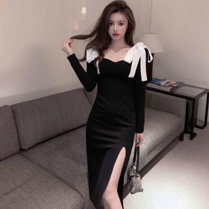 Đầm COZOK tay dài dáng ôm xẻ tà kiểu cổ điển thời trang