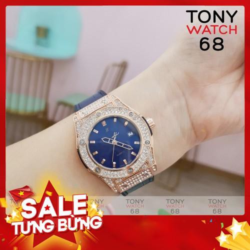 Đồng hồ nữ HULO mặt xanh dây cao su giả da mặt đính đá pha lê chống nước chính hãng Tony Watch 68 -Hàng nhập khẩu