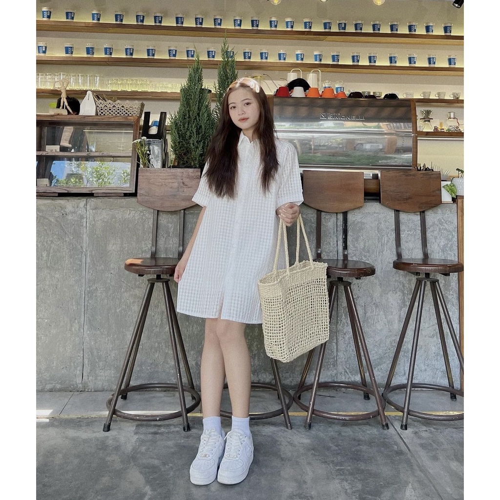 Đầm - Váy sơ mi túi ngực 2 màu chất đũi xốp đan 2 lớp