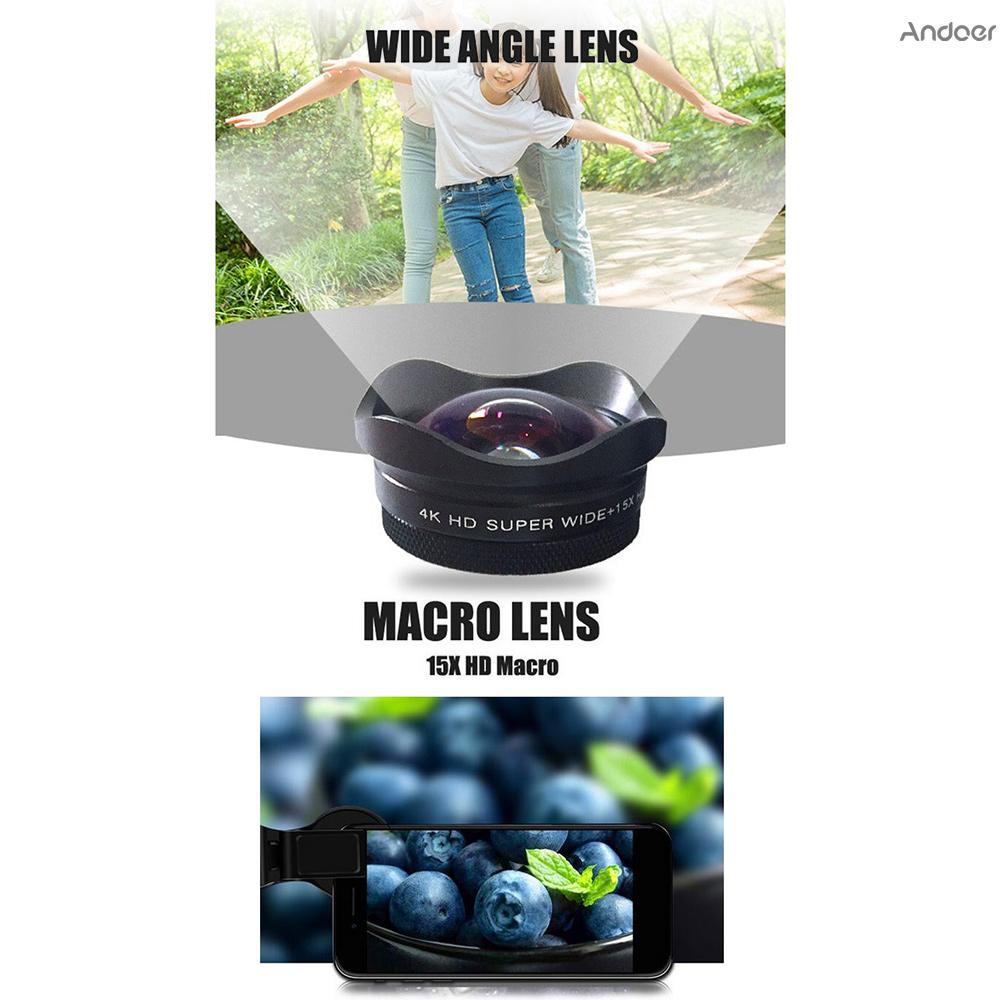 Ống kính góc rộng 4k Ultra HD 0.45x Macro 15x có kẹp chuyên dụng cho điện thoại Iphone Samsung Huawei