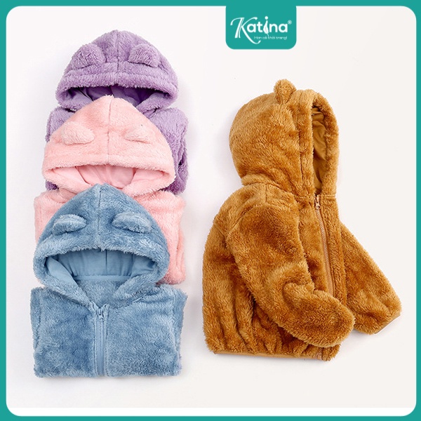 Áo khoác lông cừu Katina cho bé có mũ mặc mùa thu đông ấm áp