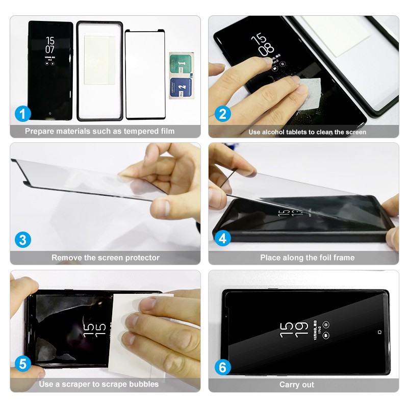 Set kính cường lực 3D kèm tấm film chuyên dụng cho Samsung Note 8 9 S8 S9 Plus và dụng cụ vệ sinh