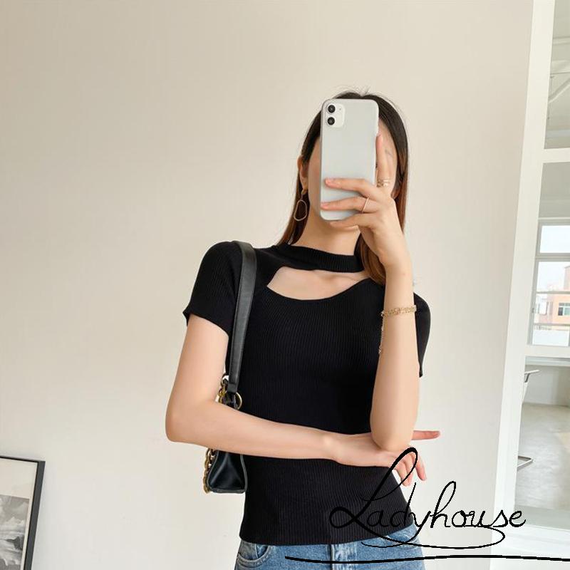 Áo Thun Dệt Kim Chui Đầu Cổ Tròn Tay Ngắn Màu Trơn Khoét Gân Cho Nữ